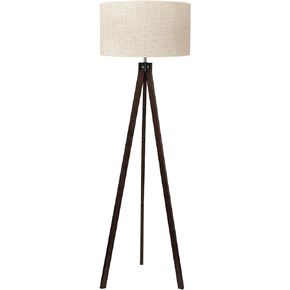 LEPOWER Wood Tripod Floor Lamp, Mid Century Standing Lamp, Modern Design Studying Light for Living Room, Bedroom, Study Room and Office, Flaxen Lamp Shade with E26 Base Brown