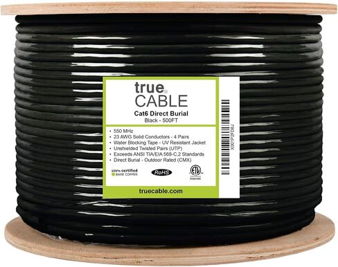 TRUE CABLE Cat6 Direct Burial Bulk Ethernet Cable, Shielded F/UTP, 1000ft, Black, 23AWG Solid Bare Copper, Heavy Duty Outdoor OSP Jacket, Waterproof, UV Resistant, 550MHz, PoE++ 100W (4PPoE) in Kuwait