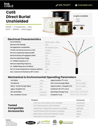 TRUE CABLE Cat6 Direct Burial Bulk Ethernet Cable, Shielded F/UTP, 1000ft, Black, 23AWG Solid Bare Copper, Heavy Duty Outdoor OSP Jacket, Waterproof, UV Resistant, 550MHz, PoE++ 100W (4PPoE) in Kuwait