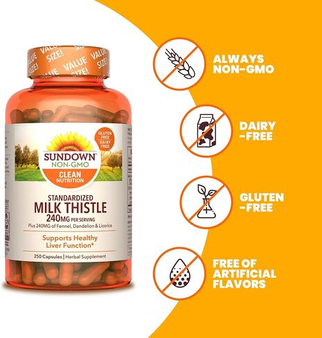 Sundown Standardized Milk Thistle 240 مجم، بالإضافة إلى الشمر والهندباء وعرق السوس، يدعم صحة الكبد، 250 كبسولة in Kuwait