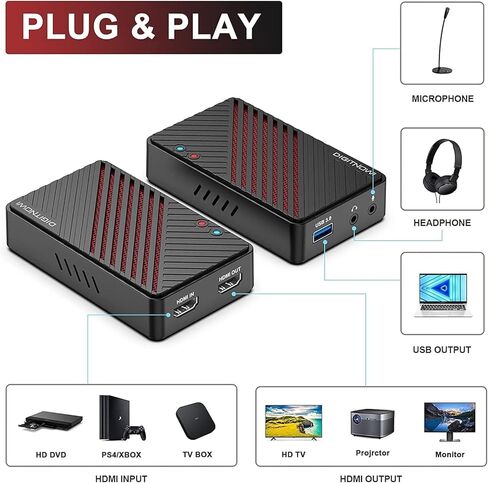بطاقة التقاط فيديو 4K، HDMI إلى USB3.0 Live Gamer Capture Card Full HD 1080P 60 إطارًا في الثانية، زمن وصول منخفض للغاية للبث والتسجيل، تعمل مع Nintendo Switch، PS5، PS4، Xbox One، PC in Kuwait