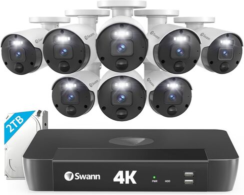 Swann 4K Master Security Camera System, 8 Channel NVR with 2TB HDD, 4X Bullet IP Cameras, Indoor/Outdoor PoE Wired, 24/7 Home Surveillance, Color Night Vision, True Detect, Sensor Spotlights,876804 in Kuwait