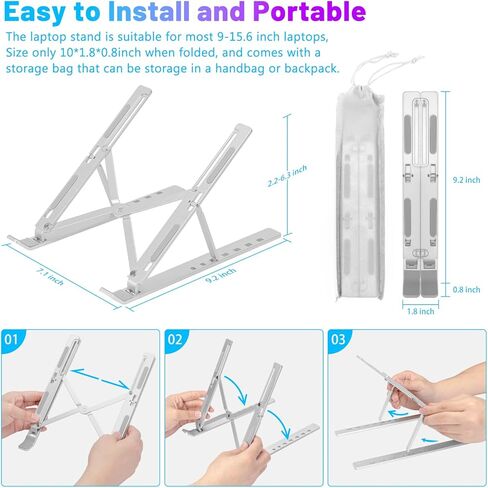 حامل كمبيوتر محمول من الألومنيوم قابل للتعديل من CHONCHOW - حامل مريح لأجهزة الكمبيوتر المحمولة مقاس 9-15.6 بوصة وأجهزة Mac وiPad - وسادة سيليكون قابلة للطي ومحمولة ومضادة للانزلاق و7 زوايا للتعديل والتبريد in Kuwait