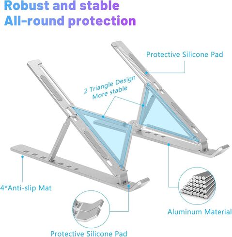 حامل كمبيوتر محمول من الألومنيوم قابل للتعديل من CHONCHOW - حامل مريح لأجهزة الكمبيوتر المحمولة مقاس 9-15.6 بوصة وأجهزة Mac وiPad - وسادة سيليكون قابلة للطي ومحمولة ومضادة للانزلاق و7 زوايا للتعديل والتبريد in Kuwait