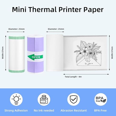 10 RollsThermal Mini Sticker Printer Paper,57mm x 25mm Mini Thermal Printer Sticker Paper,Mini Pocket Printer Sticker Paper for Most Kids Instant Camera, Kids Instant Camera Mini Printer Paper in Saudi Arabia