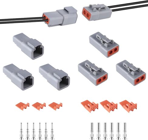 3 مجموعات من موصلات سلسلة DTP ذات 2 دبوس 14-12 AWG، مقابس كهربائية مقاومة للماء IP65، مقابس متينة مقاومة للماء، حجم 12 دبابيس طرفية، التقييم الحالي 25 أمبير (DTP-2 PIN) in Kuwait