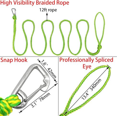 حبل سحب ISURE MARINE Kayak مع خطوط قاعدة مشبك، خط مضفر عالي التحمل مثالي للتزلج على الماء، قارب القوارب المائية، التجديف، مجموعات بحرية من حبلين بقطر 1/2 بوصة × طول 12 قدم in Kuwait