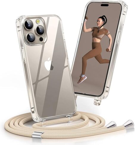 حافظة كروس لهاتف آيفون 15، غطاء هاتف محمول مزود بقلادة مع حزام سلكي بطول قابل للتعديل وحبل حبل مقاوم للصدمات بدون استخدام اليدين غطاء هاتف شفاف لهاتف آيفون 15-بيج in Kuwait