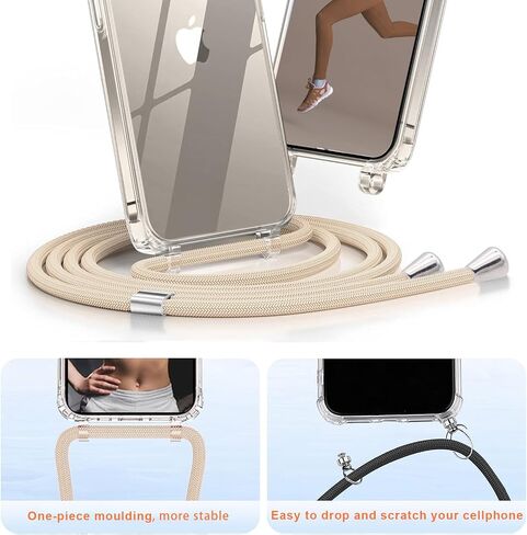 حافظة كروس لهاتف آيفون 15، غطاء هاتف محمول مزود بقلادة مع حزام سلكي بطول قابل للتعديل وحبل حبل مقاوم للصدمات بدون استخدام اليدين غطاء هاتف شفاف لهاتف آيفون 15-بيج in Kuwait