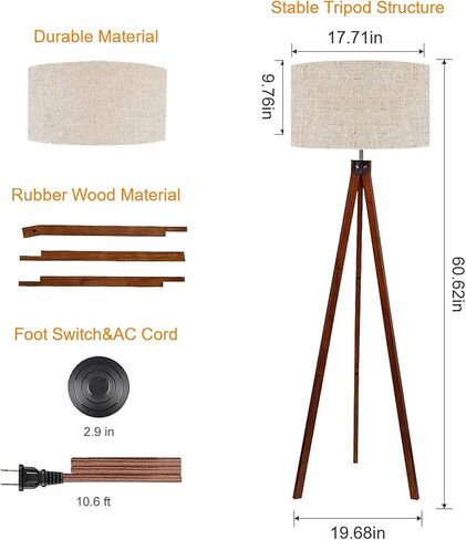 LEPOWER Wood Tripod Floor Lamp, Mid Century Standing Lamp, Modern Design Studying Light for Living Room, Bedroom, Study Room and Office, Flaxen Lamp Shade with E26 Base Brown in Saudi Arabia