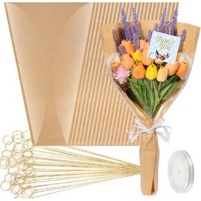 cridoz 50 pcs زهرة تغليف الأكمام الورقية للباقات مع 50 pcs حامل بطاقة الأزهار والأشرطة ، أكياس باقة kraft لبار الزهور ، عيد الأم ، التخرج ، عيد الحب ، 22 × 14 بوصة