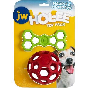 JW Hol -ee Holiday 2PK Dog Toy Set - 2 Pack Treat Ball & سحب لعبة للسلالات الصغيرة