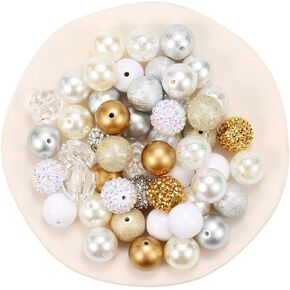 50PCS 20mm Acrylic Assorted Beads, Colorful Chunk Beads, Large Rhinestone Round Beads Bulk for Pens Jewelry Making Necklaces Bracelets DIY Crafts （Gold Color