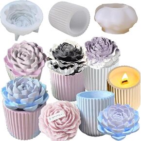 Succulent & Peony Flower Candle Soap Silicone Mold,Concrete Molds for Candles,Candle Jar Concrete Mold Lid with Succulent Peony Molds for Lids, Flat Cap Mold,Concrete Candle Molds for Candle Making