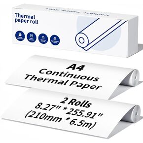A4 Continuous Thermal Paper Roll - 8.27"/210mm Quick-Dry Printer Paper, Compatible with Phomemo M832 M831 M833 M834 M835 Printer for Documents Contracts, 255.91"/6.5m Long per Roll (4 Rolls in Total)