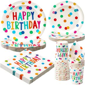 100 PCS Party Plates and Cups and Fedical Sets ، لوحات ورق عيد ميلاد ومناديل ، مجموعة أدوات مائدة يمكن التخلص منها ، مستلزمات الحفلات للأطفال السعيد ، تقدم لـ 25 ، Dot Design