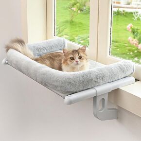 Cat Window Sill Perch with Large Bolster, Easy to Adjust & Assemble Cat Window Seat for Windowsill & Bedside, Cat Hammock Bed for Large Cats and Kittens (Grey, L)