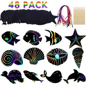 بطاقة Scratch Art Card - Sea World موضوع اللوازم حفلات عيد ميلاد DIY - فن القوس قزح اللون الفني مع شريط خشبي الشريط - شل Dolphin Starfish Tortoise Class Chraft Kit (48 Pack) 1