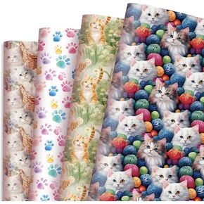 DTIAFU CAT Rapping Paper - 8 PCS 4 DEATE KITTY KITTEN DESIGN مطوية مسطحة للأطفال عشاق القطط عيد ميلاد الأطفال - 20 × 28 بوصة لكل ورقة