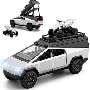 Cybertruck Camper Toy for Kids, 1/32 Metal Die-cast Model Car with Light and Sound Effect, Multi-Level Pull Back Toy Truck with RV Motorcycle for Boys, Gift for Ages 6 and Up (Silver)