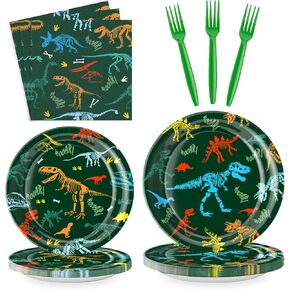 Dinosaur Birthday Party Supplies for Kids 96 Piece Dino Theme Tableware Set Includes Disposable Paper Plates, Napkins and Forks Dinosaur Decorations for Boys Birthday Party, Serves 24 Guests