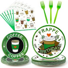 Frappe Coffee Birthday Party Supplies - 96pcs Coffee ported Plates Fackins Forks Tableware Table Set ، Dispipable Paper Party Decoration for Birthday Duit Duit Decor