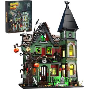 Haunted House Building Set, Halloween House Building Toy with Lights Compatible with Lego, Haunted Mansion Architecture Include Pumpkin Spooky Skeleton Bat Figure Blocks, Gift for Kids 8+ and Adults