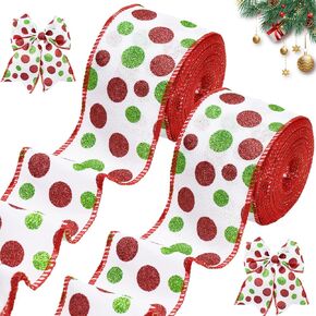 Anwyll Burlap Christmas Ribbon ، 2-1/2 بوصة × 22 ياردة حمراء اللون الأخضر البولكا نقطة سلك