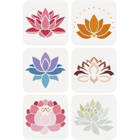 Fingerinspire 6 PCS Lotus Flower Painting Stencil 5.9x5.9inch Pet Lotus Symbols Raching stency Lotus Flower Throne نمط جدار الإبداع جوفاء جوفاء للطلاء على الخشب