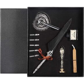Joyzan Quill Feather Pen, Antique Calligraphy Writing Dip Fountain Pen Empty Ink Bottle Signature Set 5 Replacement Nibs Luxury Letter Paper Holder Vintage Romantic Valentine Wax Seal Stamp Gift Box