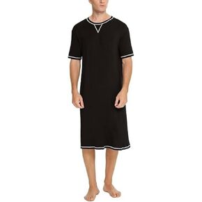 ASHER FASHION Mens Nightgown Henley Y-Neck Night Shirt for Sleeping Short Sleeve Loose Kaftan Sleepwear with Pockets