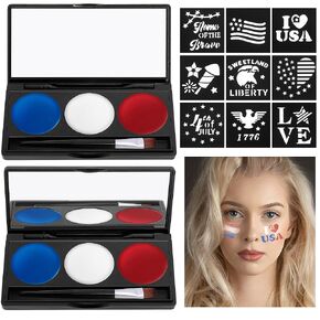 Wehhbtye 2 Set Patriotic Face Paint Kit, Red White Blue Face Painting with 12Pcs Stencil Stickers and Brush, 4th of July Face Makeup Palette for Independence Day Veterans Day Theme Party Parade
