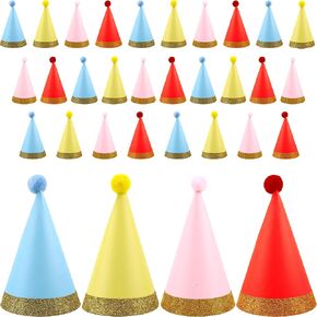 32 Pcs Multicolor Cone Party Hats With Pom Poms for Kids, Adults & Families - Birthday, Holiday & Celebration Supplies