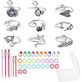 9pcs حلقات الكروشيه القابلة للتعديل للكروشيه 30pcs علامات غرزة 6pcs إبر خياطة بلاستيكية كبيرة مع مربع التخزين حلقة خيوط محمولة للوكياكت كاتشيت زهرة الكروشيه الكروشيه (45 حزمة)
