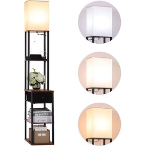 Floor Lamp with Table,2 USB,1Outlet and Drawer,3 Color Temperatures LED Bulb (9W), Bedroom Bedside Table Floor Lamp,Display Floor Lamp with Shelves for Living Room Sofa Lamp (Brown-9)