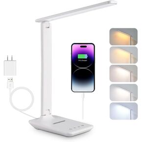 LED Desk Lamp for Home Office, USB Charging Port, Dimmable Table Lamp, Foldable Table lamp, Touch Control, 5 Lighting Modes, University Dormitory Eye Protection Learning Reading Lamp (White)