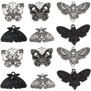 Sunnyclue 1 Box 24PCS Moth Charms Style Gothic Style Halloween Silver Silver Skull Charms Black Moon Phase Moth Moth Charm Butterfly Headon Head Charm for Jewelry Making Charms DIY Craft Supplies