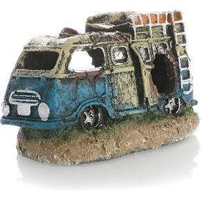 Fish Tank Decorations.Resin Wreckage Aquarium Decor Car Bus Beetle RV Wreckage Betta Fish Tank Accessories (Blue Khaki-Bus)