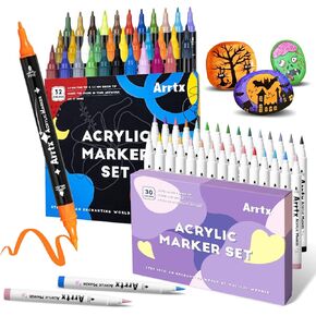 Arrtx Acrylic Paint Abens ، 62 لونًا تلميحًا للفرشاة وعلامات الطرف الرفيع (نصيحة مزدوجة) لطلاء الرسم الصخري ، مستلزمات الطلاء الأكريلي