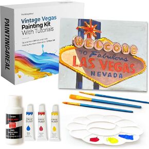 Painting4 Real DIY مجموعات الطلاء للبالغين والأطفال مع دروس الفيديو: تعلم كيفية رسم Vintage Vegas - مجموعة الطلاء ومجموعة اللوازم الفنية - 9 قطعة مجموعة الطلاء الأكريلي