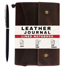 Leathervines Handmade B5 Leather Journal - دفتر كتابة كبير قابل لإعادة التعبئة مع قلم مجاني ، صفحات مبطنة ، جيوب منظمة - 160 صفحة للأعمال والإبداع