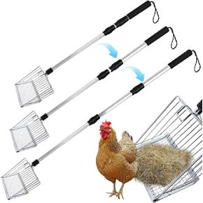 Owfeel Metal Chicken Poop Scooper, Long Chicken Coop Litter Scoop with Adjustable Stainless Steel Handle, 3 in 1 Multifunctional Heavy Duty Litter Sifting Shovel Chicken Coop Accessories