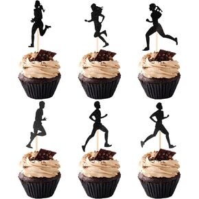 24PCS Black Glitter Running Cupcake Toppers, Sports Fitness Cupcake Picks Decorations, Sports Cake Decorations, Fitness Theme Marathon Theme Decorations for Birthday Party Cake Decorations Supplies