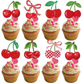 Rakuto Cherry Birthday Party Decorations - 40pcs Cherry on Cupcake Toppers Top Baby Down