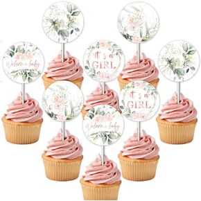 Funmemoir Blush Pink Floral Dufk Depratations - 24pcs Sage Green and Pink Party Cupcake Topcake ، Greenery Botanical Dusting Cake Decorations for It A Girl Party
