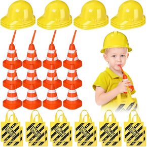 Hillban 36 PCS Construction Birthday Party Supplies Strids Kids Brustge Up Kit بما في ذلك 12 قبعة و 12 حقيبة حمل و 12 كوب مخروط لحركة البناء لباس عيد ميلاد زينة الحفلات