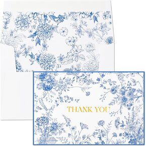 Crisky 50 Pack Blue Floral Thank you cards Gold Foil Greeting Notes Bulk with Envelopes for Birthday, Baby Shower, Bridal Shower, Wedding, Graduation