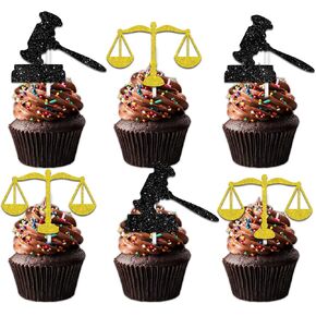 18pcs Black Gold Glitter Balance Gavel Dessert Cupcake Topper Pick for Law Lawyer Justice Judge Theme Decor Supplies College Grad Graduation Party Decorations