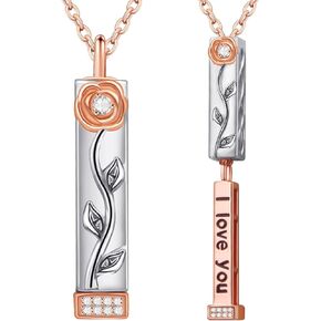 I Love You Necklace Rose Gold Sterling Silver Bar Necklaces for Women with Flower Hidden Message Necklace