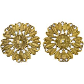 اثنين من Big Fengshui Brass Five Bat Chinese Luck Coin Dia: 2.9 "I Ching Coins + Hights Bag Y1148